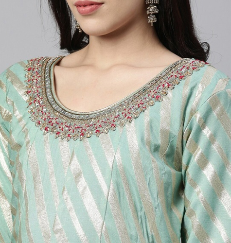 Women Olive Green Layered Zardozi Kurta with Salwar & With Dupatta